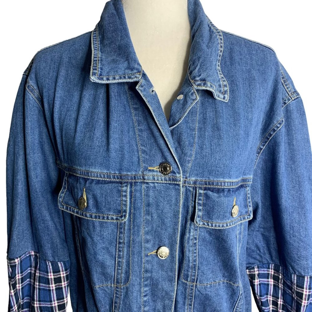 Mistress Rocks Enthuse Denim Jacket S Blue Plaid Oversized Button Up Pockets - Picture 3 of 7